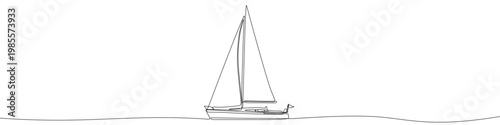 Illustration of a sailboat in the sea, made in one continuous line. Yacht drawing with a black stroke on a white background, vector illustration