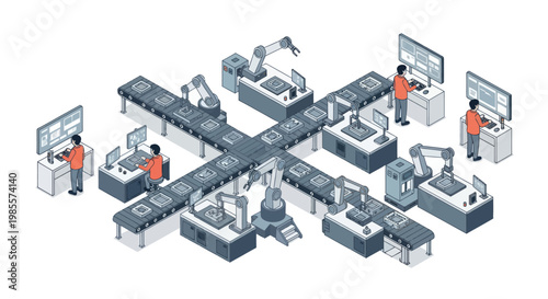 Industrial workers at production line stations.