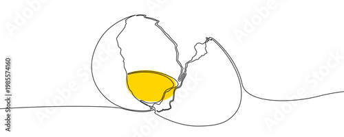 Broken egg shell with yellow yolk made in one continuous line art style. Cracked eggshell drawing on a white background, vector illustration.
