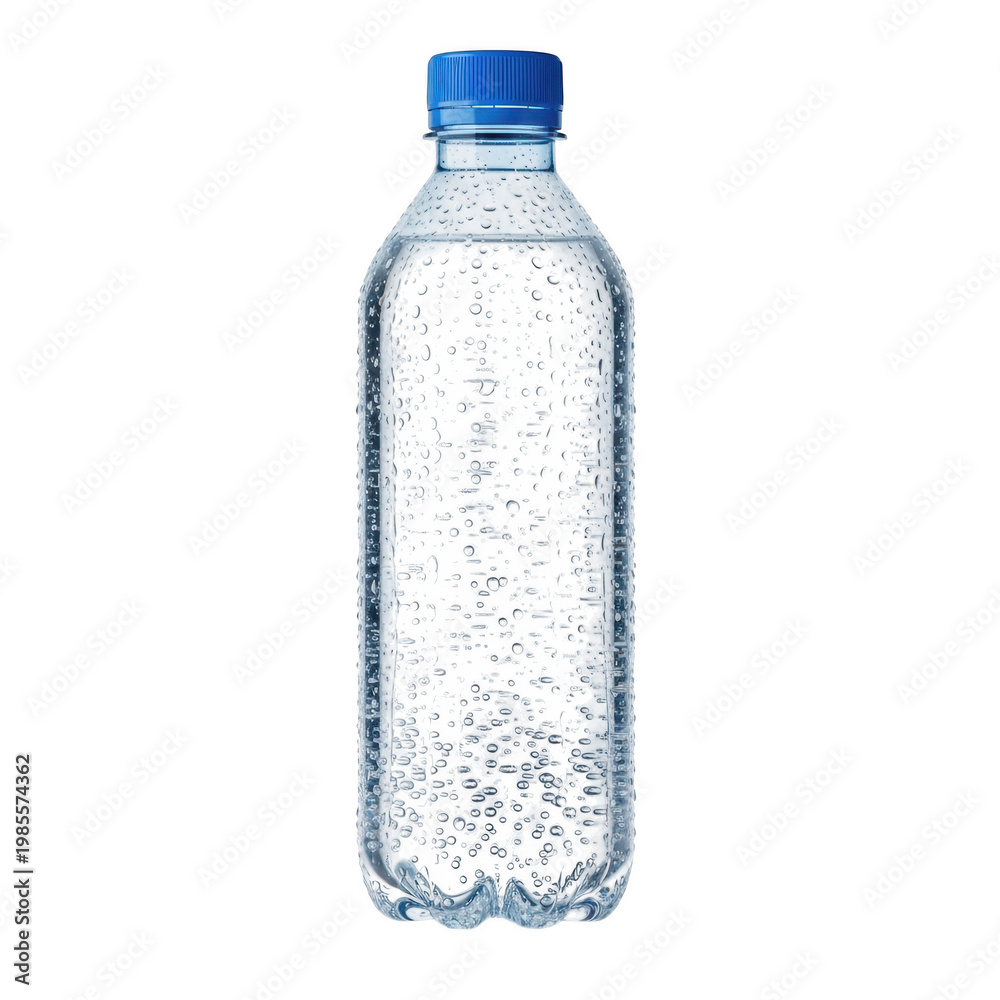 Naklejka premium Clear Plastic Water Bottle with Blue Cap Ready for Use, isolated on transparent background