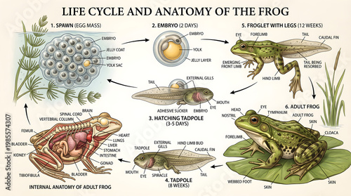 Life Cycle and Anatomy of the Frog Illustrated from Spawn Eggs and Embryo Through Tadpole, Metamorph Tadpole with Legs, Froglet, and Adult Frog, Including Labeled Internal Organs to Teach Amphibian St