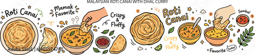 Malaysian Roti Canai with dhal curry, Illustration Doodle Cartoon Collection
