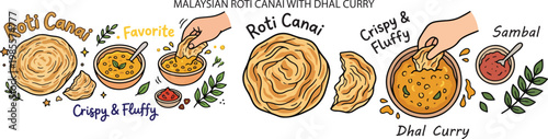 Malaysian Roti Canai with dhal curry, Illustration Doodle Cartoon Collection