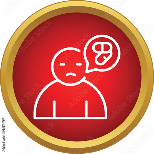 Person icon with a sad expression thinking about medication, symbolizing drug addiction or dependency