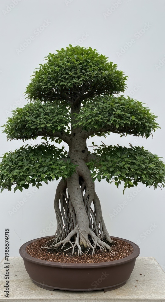 Fototapeta premium Bonsai tree in ceramic pot against a neutral white background
