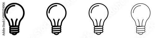 Set of linear electric light bulb icons with different stroke weights. Minimalist symbols of idea, creativity, innovation, and intellectual solution. Vector illustration.