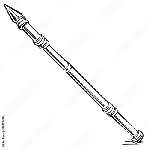 Illustration of ceremonial staff or scepter with decorative rings, isolated on a plain background in black and white