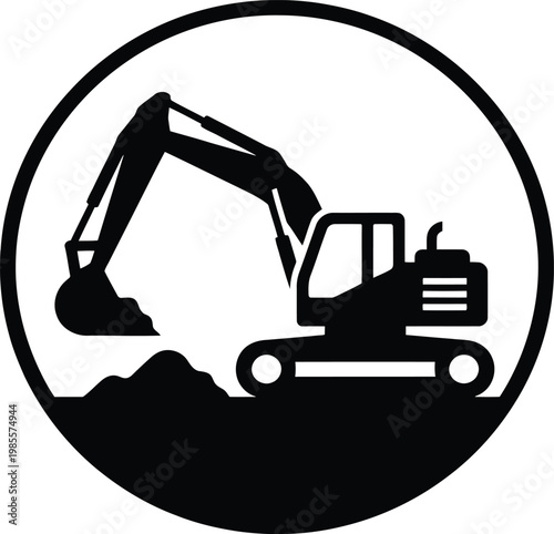 Excavator silhouette on dirt pile in a circular frame isolated against transparent background, heavy construction machine vector illustration.