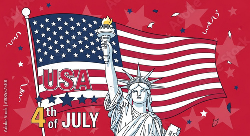Statue of Liberty and American flag with USA 4th of July text celebrating Independence Day with stars and confetti perfect for patriotic holidays and events