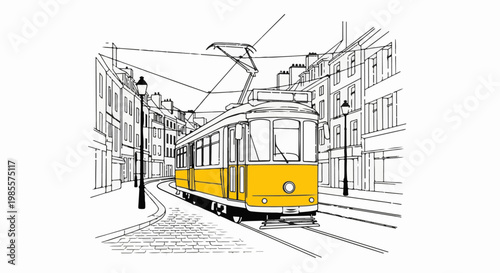 Yellow tram car navigates a cobblestone street lined with vintage buildings