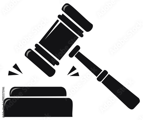 Black silhouette of a judge's gavel striking a sounding block, symbolizing justice and legal decisions