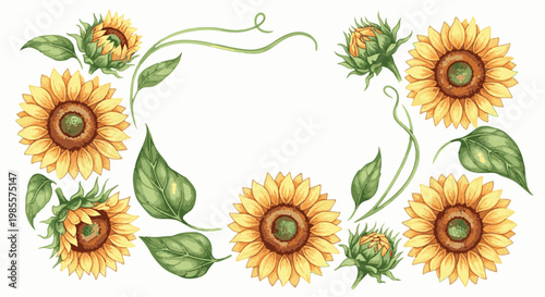 Yellow sunflowers and green leaves frame a central white space
