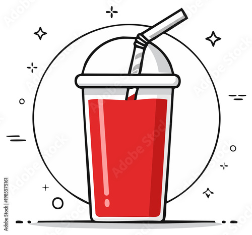 Drink container with red liquid with a straw, take away, illustration of juice in plastic cup, isolated. Fresh juice concept