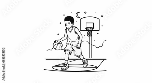 Young boy dribbles basketball on court under starry night sky with moon