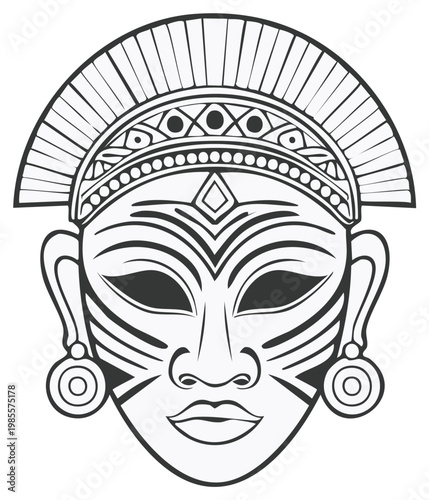 Traditional African Tribal Mask with Elaborate Headdress and Dangling Earrings