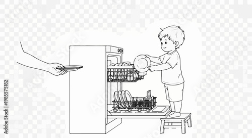 Young boy helps with chores by loading plates into a dishwasher with a stepladder