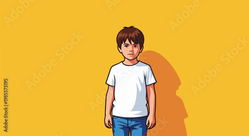 Young boy in casual attire stands against a bright yellow backdrop