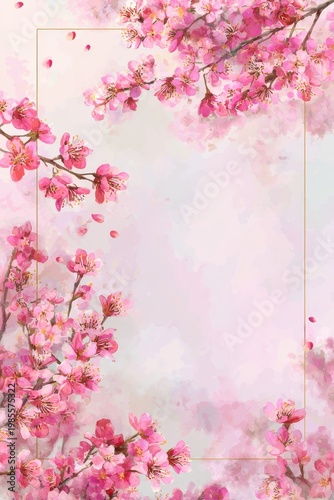 Elegant cherry blossom border design with pink blossoms and light petals for print layouts