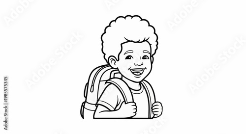Young boy with curly hair and a backpack, smiling broadly