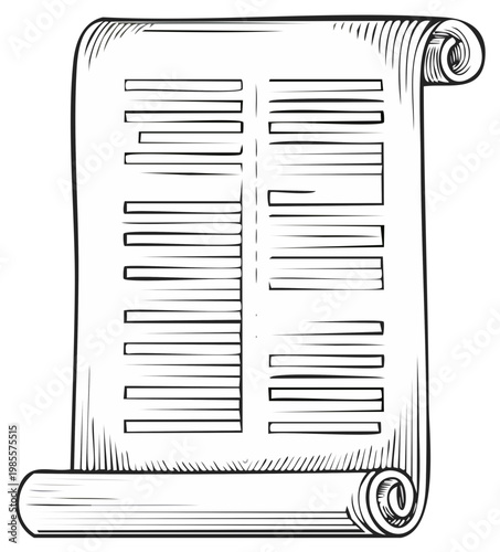 Ink drawing of a parchment scroll with lines of text, a vintage style illustration.