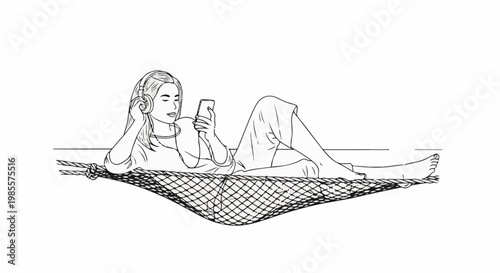 Woman with headphones and phone relaxing in a hammock