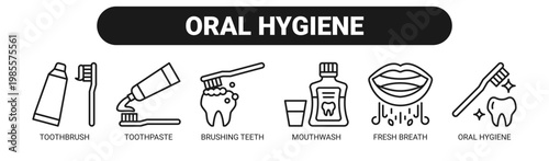 Oral Hygiene web banner icon vector illustration concept with icons of toothbrush, toothpaste, brushing teeth, mouthwash, fresh breath, and oral hygiene. 