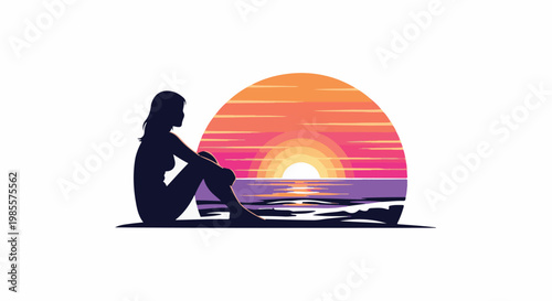 Woman in silhouette watches a vibrant sunset over the ocean waves