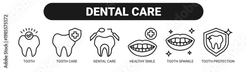 Dental Care web banner icon vector illustration concept with icons of tooth, tooth care, dental care, healthy smile, tooth sparkle, and tooth protection. 