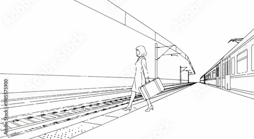 Woman with suitcase walks on train platform beside tracks, approaching stationary train