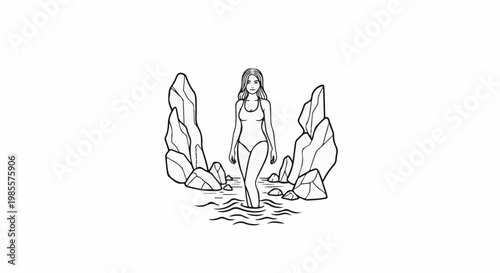 Woman in swimsuit walking through water between rocky formations
