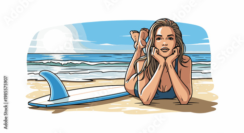 Woman in swimsuit with surfboard on beach, looking at camera, clear sky and waves