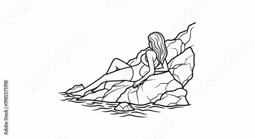 Woman in swimsuit relaxing on rocky shore with gentle waves