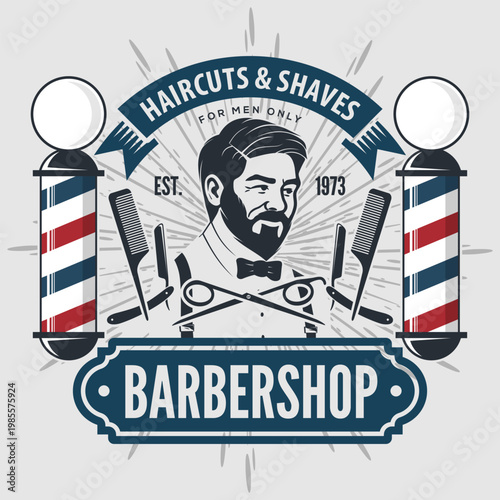 Barbershop logo, poster or banner design concept with barber pole and bearded men. Vector illustration