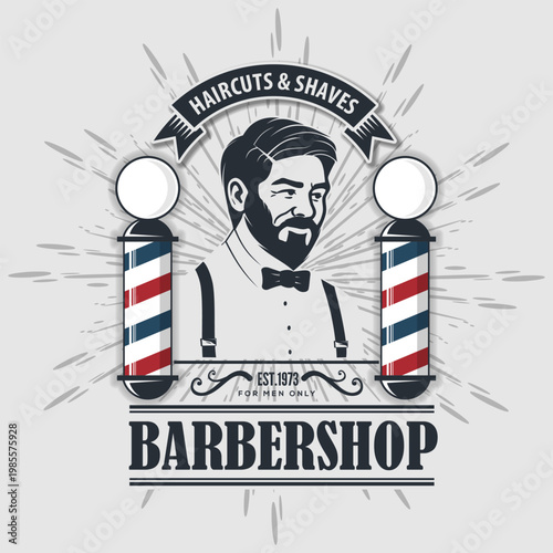 Barbershop logo, poster or banner design concept with barber pole and bearded men. Vector illustration