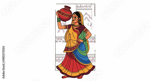 Woman in traditional attire carrying a clay pot on her head