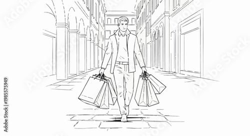 Young man walking through city street with shopping bags