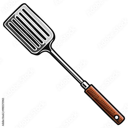 Slotted Turner with Wood Handle, Kitchen Utensil, Cooking Spatula, Flat Barbecue Tool Illustration for Culinary Projects
