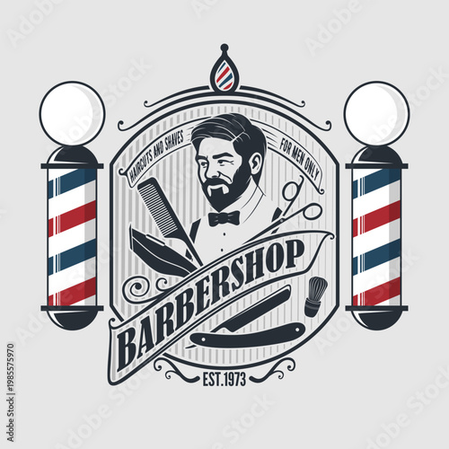 Barbershop logo, poster or banner design concept with barber pole and bearded men. Vector illustration