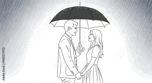 Couple Holding Hands Under Umbrella in Rain.