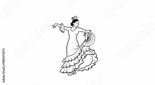 Woman in traditional ruffled dress dances flamenco with a fan