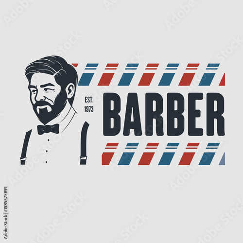 Barbershop logo, poster or banner design concept with barber pole and bearded men. Vector illustration
