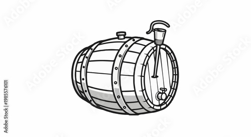 Wooden barrel with pump and spigot, drawing, vintage style