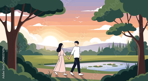 Couple walking hand in hand in a park at sunset.