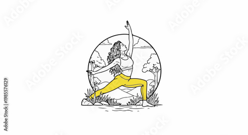 Woman in yoga pose warrior I with yellow leggings in a nature scene