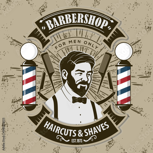 Barbershop logo, poster or banner design concept with barber pole and bearded men. Vector illustration