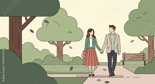 Couple walking hand in hand in a park during autumn season.