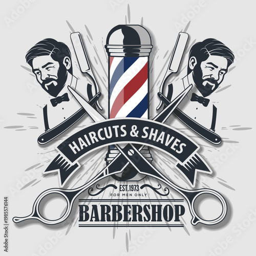 Barbershop logo, poster or banner design concept with barber pole and bearded men. Vector illustration