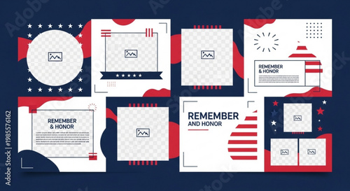 Patriotic social media post templates with Remember Honor text featuring American flag elements and space for photos ideal for Memorial Day or Veterans Day