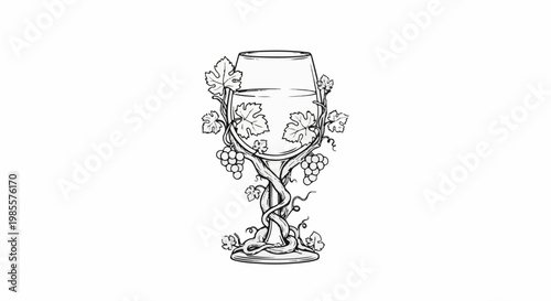 Wine glass with ornate vine and grape detailing