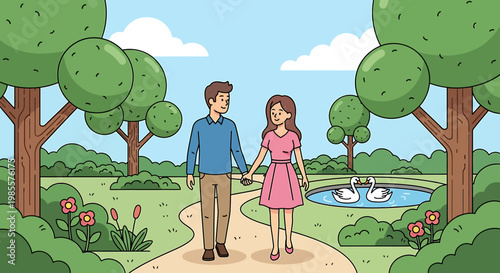 Couple walking hand in hand in a park enjoying a romantic stroll.